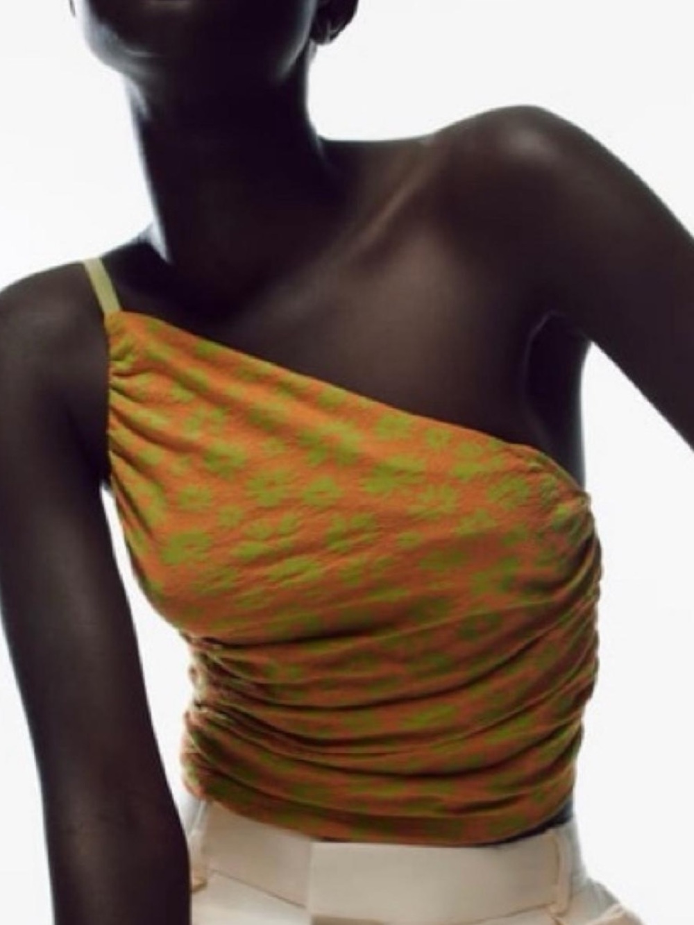 Zara One-Shoulder Orange and Green Floral Crop Top